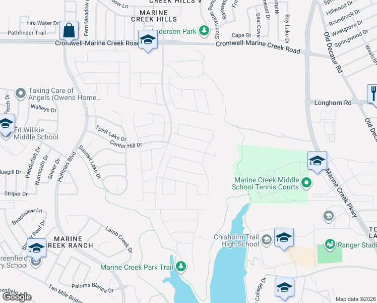 map of restaurants, bars, coffee shops, grocery stores, and more near 5225 Center Hill Drive in Fort Worth