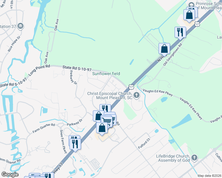 map of restaurants, bars, coffee shops, grocery stores, and more near 1124 Daffodil Lane in Mount Pleasant