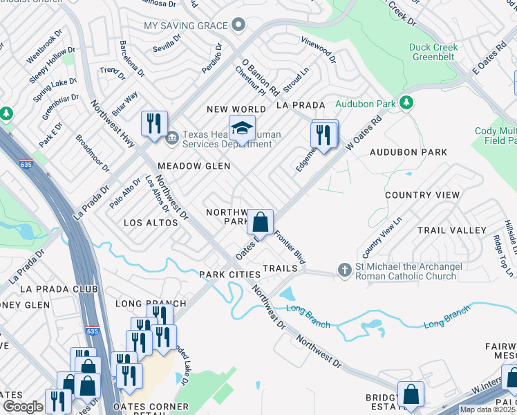 map of restaurants, bars, coffee shops, grocery stores, and more near 1215 Oates Court in Mesquite