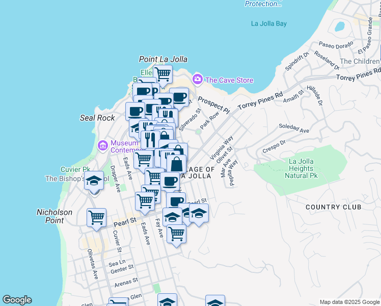 map of restaurants, bars, coffee shops, grocery stores, and more near 1111 Torrey Pines Road in San Diego