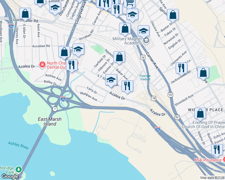 map of restaurants, bars, coffee shops, grocery stores, and more near 2864 Azalea Drive in North Charleston