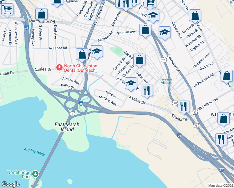 map of restaurants, bars, coffee shops, grocery stores, and more near 3027 Terry Drive in North Charleston