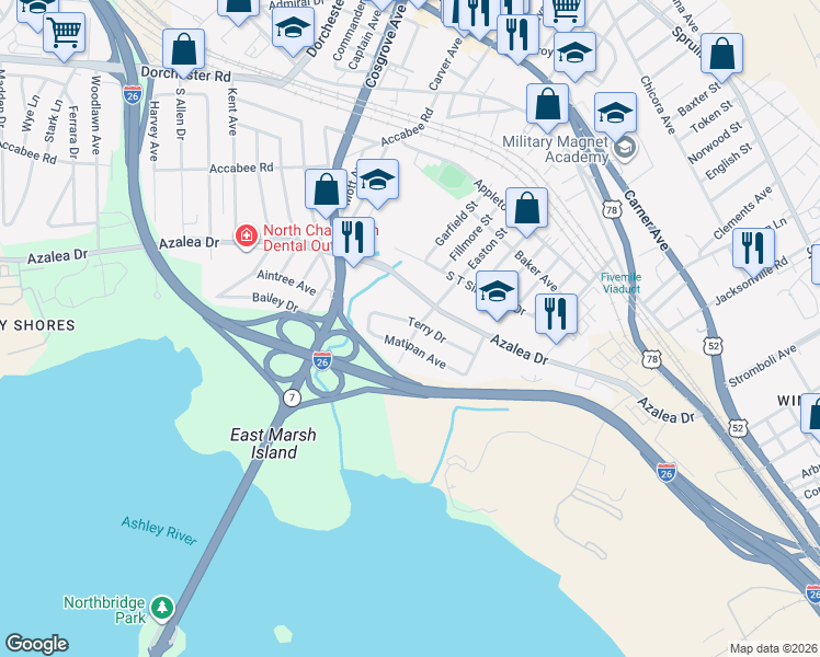 map of restaurants, bars, coffee shops, grocery stores, and more near 3105 Matipan Avenue in North Charleston