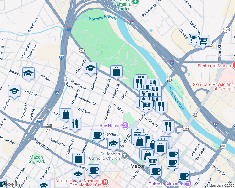 map of restaurants, bars, coffee shops, grocery stores, and more near 224 Orange Street in Macon