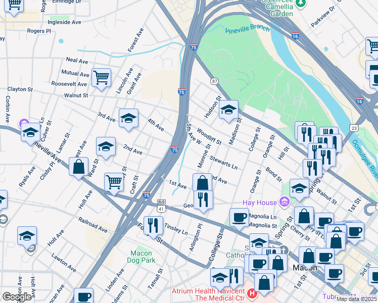 map of restaurants, bars, coffee shops, grocery stores, and more near 1442 4th Avenue in Macon