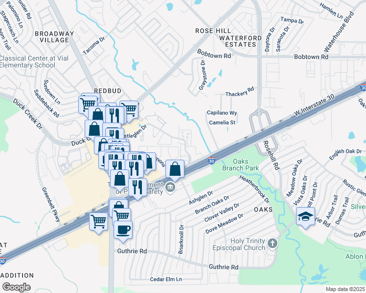 map of restaurants, bars, coffee shops, grocery stores, and more near 1020 Bristol Court in Garland