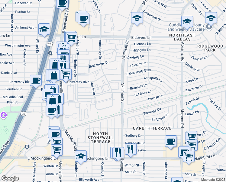 map of restaurants, bars, coffee shops, grocery stores, and more near 6010 Amesbury Drive in Dallas