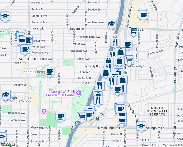map of restaurants, bars, coffee shops, grocery stores, and more near 2820 McFarlin Boulevard in Dallas