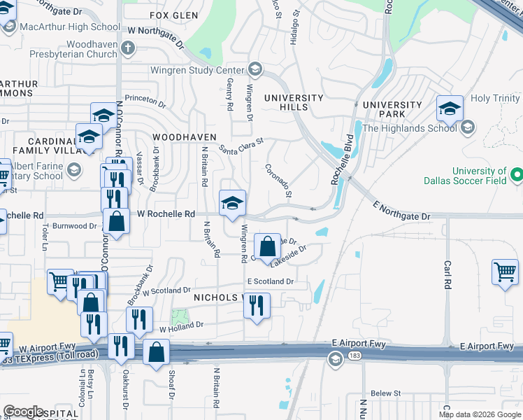 map of restaurants, bars, coffee shops, grocery stores, and more near in Irving