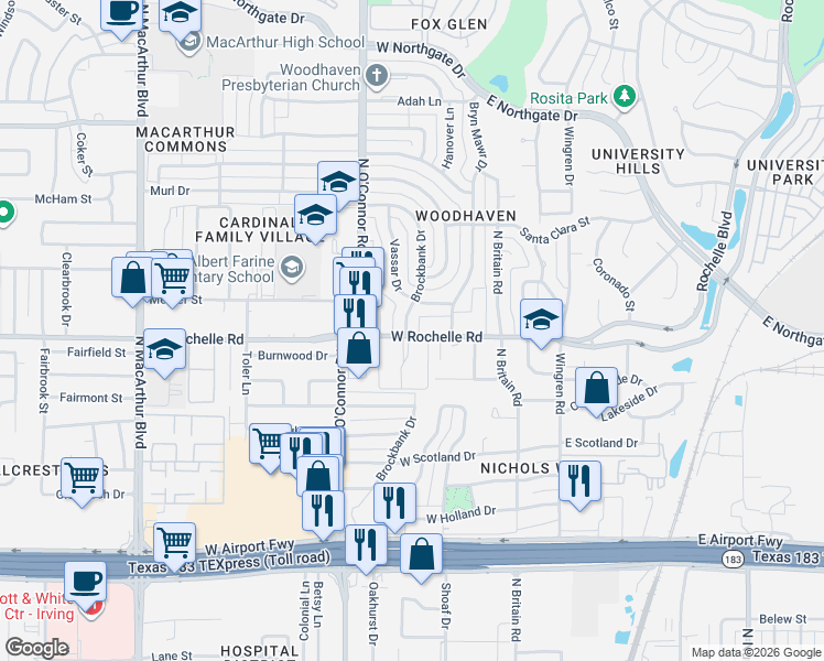 map of restaurants, bars, coffee shops, grocery stores, and more near 232 West Rochelle Road in Irving
