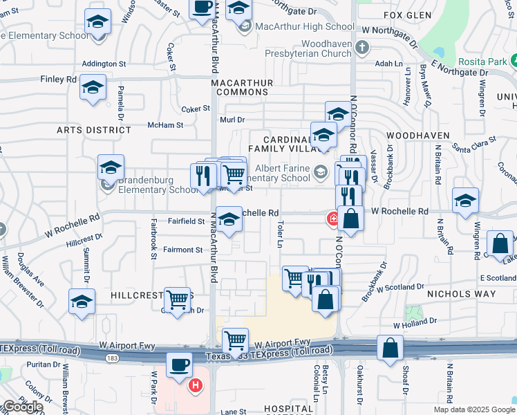 map of restaurants, bars, coffee shops, grocery stores, and more near 930 West Rochelle Road in Irving
