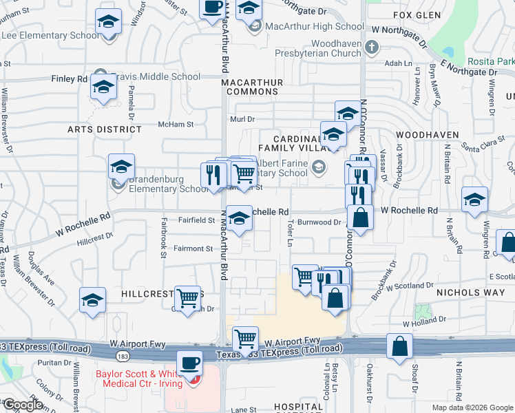 map of restaurants, bars, coffee shops, grocery stores, and more near 930 West Rochelle Road in Irving
