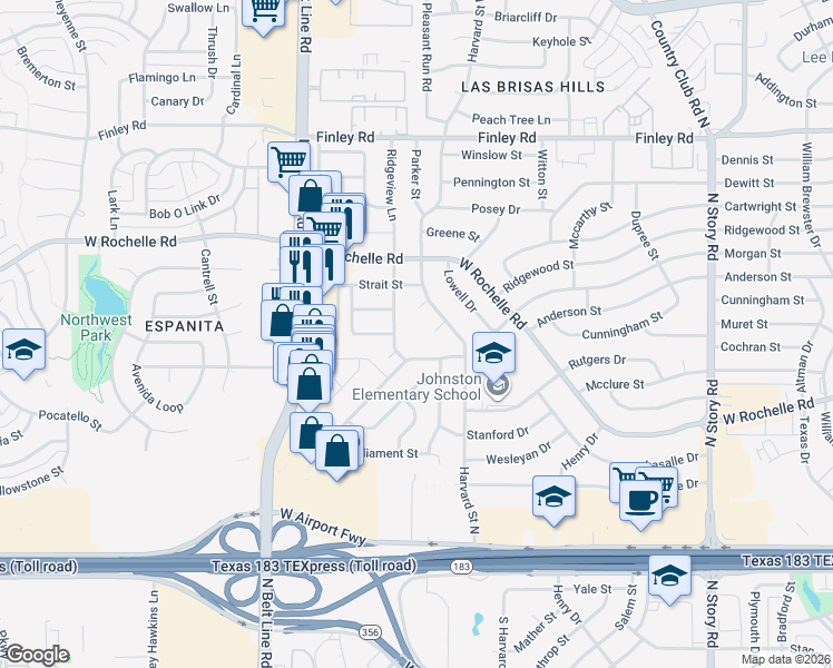 map of restaurants, bars, coffee shops, grocery stores, and more near 2722 Ridgeview Lane in Irving