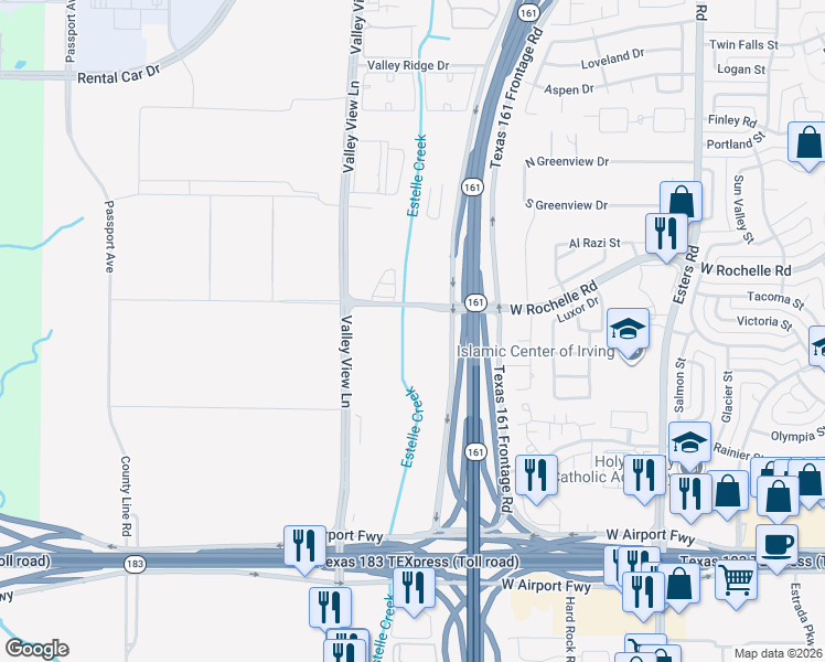 map of restaurants, bars, coffee shops, grocery stores, and more near 2617-2699 Texas 161 Frontage Road in Irving