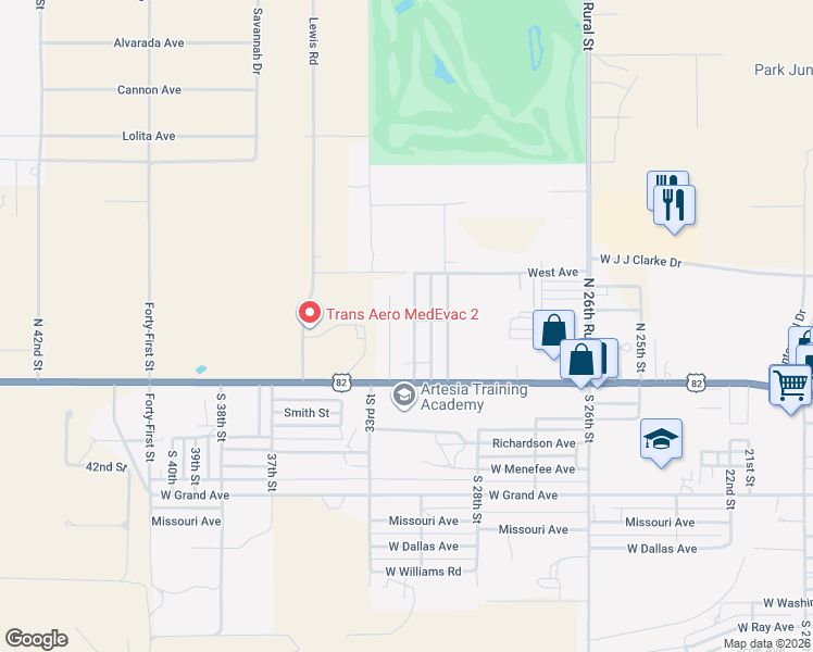 map of restaurants, bars, coffee shops, grocery stores, and more near 205 North Paris Street in Artesia