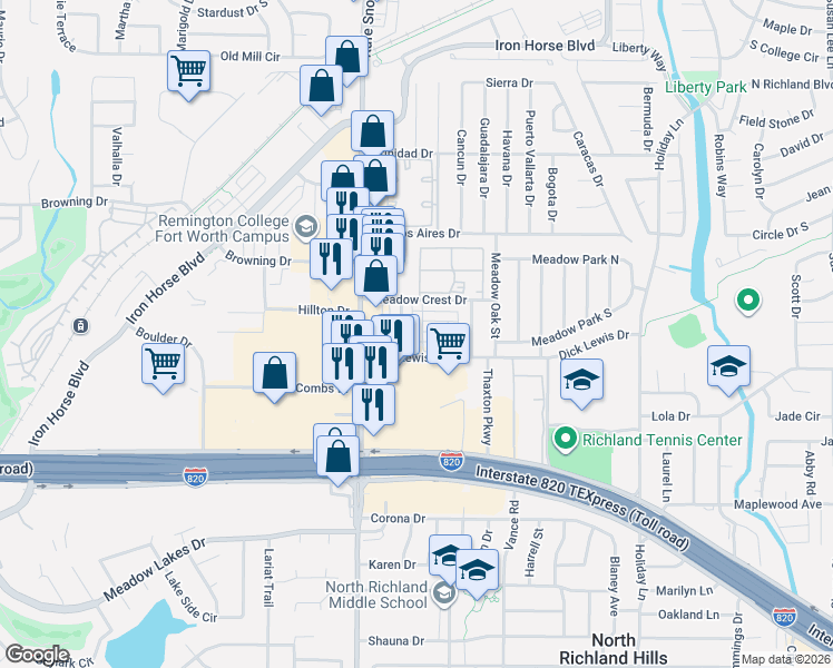 map of restaurants, bars, coffee shops, grocery stores, and more near 6800 Dick Lewis Drive in North Richland Hills