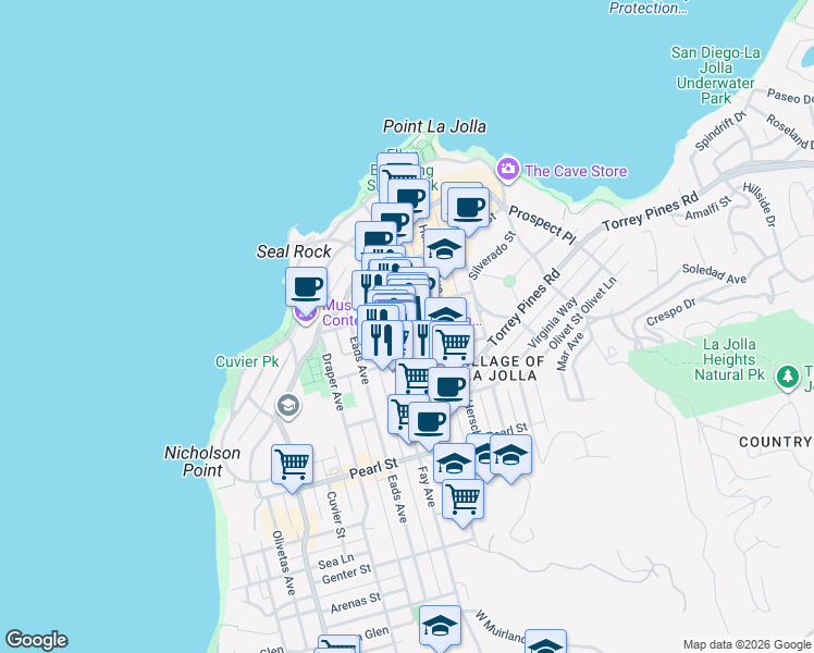 map of restaurants, bars, coffee shops, grocery stores, and more near La Jolla Girard Ave in La Jolla