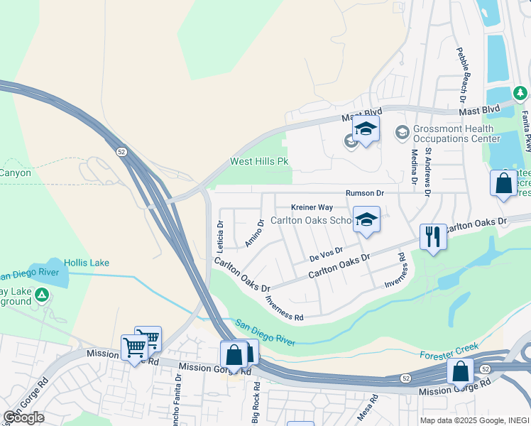 map of restaurants, bars, coffee shops, grocery stores, and more near 8427 Amino Drive in Santee