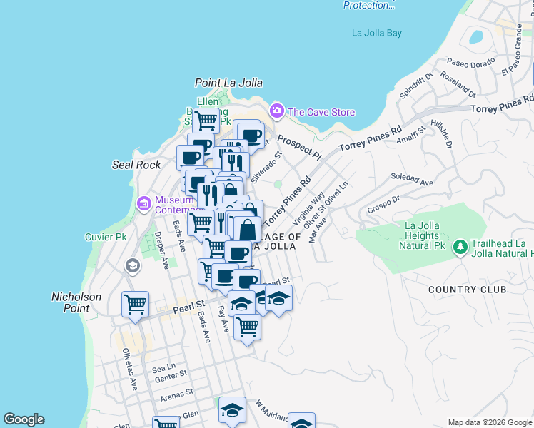 map of restaurants, bars, coffee shops, grocery stores, and more near 7727 Ivanhoe Avenue in La Jolla