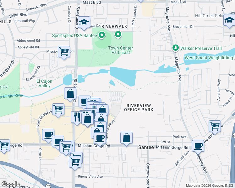 map of restaurants, bars, coffee shops, grocery stores, and more near 320 Lagoon Way in Santee