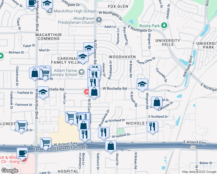 map of restaurants, bars, coffee shops, grocery stores, and more near 232 West Rochelle Road in Irving