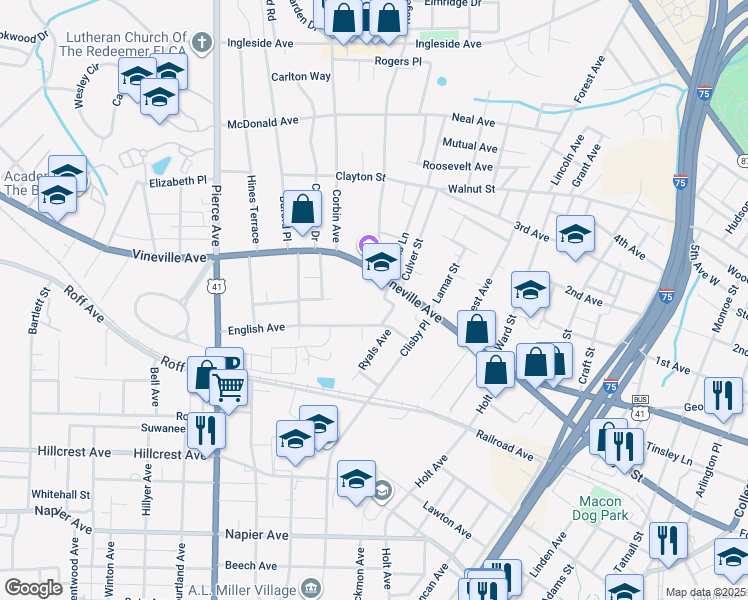 map of restaurants, bars, coffee shops, grocery stores, and more near 2260 Vineville Avenue in Macon