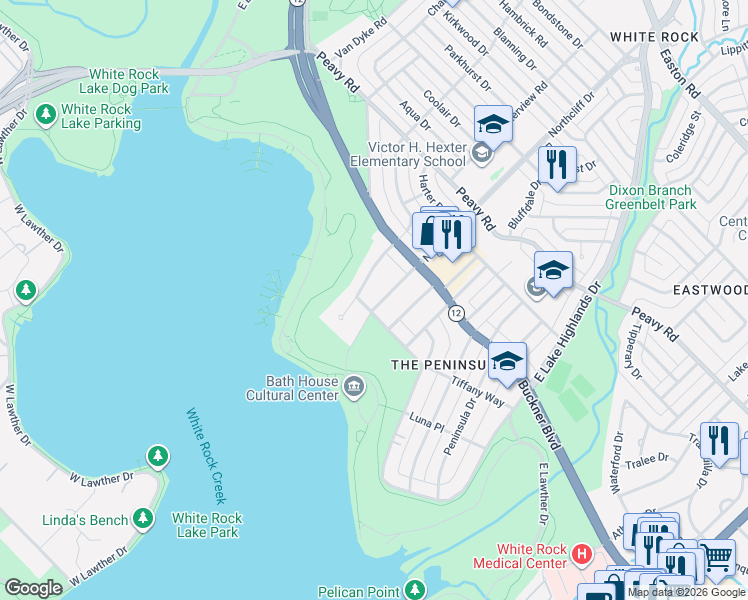 map of restaurants, bars, coffee shops, grocery stores, and more near 9608 West Lake Highlands Drive in Dallas