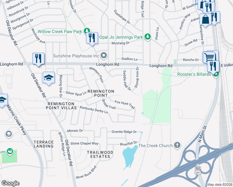 map of restaurants, bars, coffee shops, grocery stores, and more near 817 Jockey Club Lane in Fort Worth
