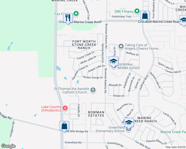 map of restaurants, bars, coffee shops, grocery stores, and more near 6008 Ruby Falls Lane in Fort Worth
