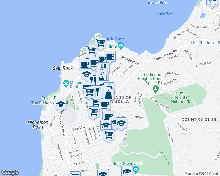 map of restaurants, bars, coffee shops, grocery stores, and more near 7726 Ivanhoe Avenue in San Diego