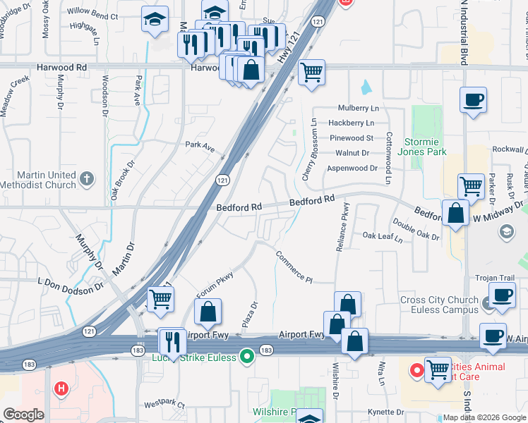 map of restaurants, bars, coffee shops, grocery stores, and more near 2232 Sandshell Street in Bedford