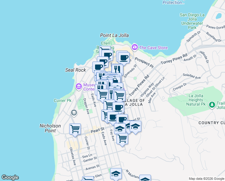 map of restaurants, bars, coffee shops, grocery stores, and more near 7733 Girard Avenue in San Diego