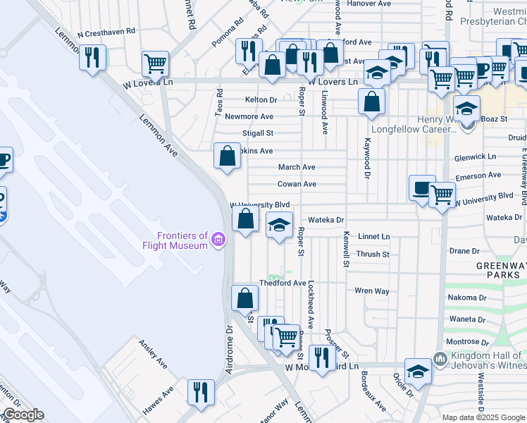 map of restaurants, bars, coffee shops, grocery stores, and more near 4440 West University Boulevard in Dallas