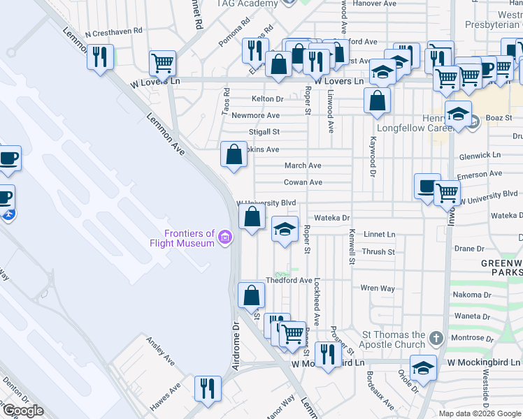 map of restaurants, bars, coffee shops, grocery stores, and more near 4400 West University Boulevard in Dallas