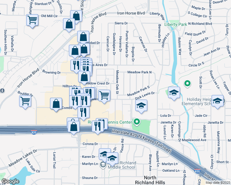 map of restaurants, bars, coffee shops, grocery stores, and more near 5505 Meadow Oak Street in North Richland Hills