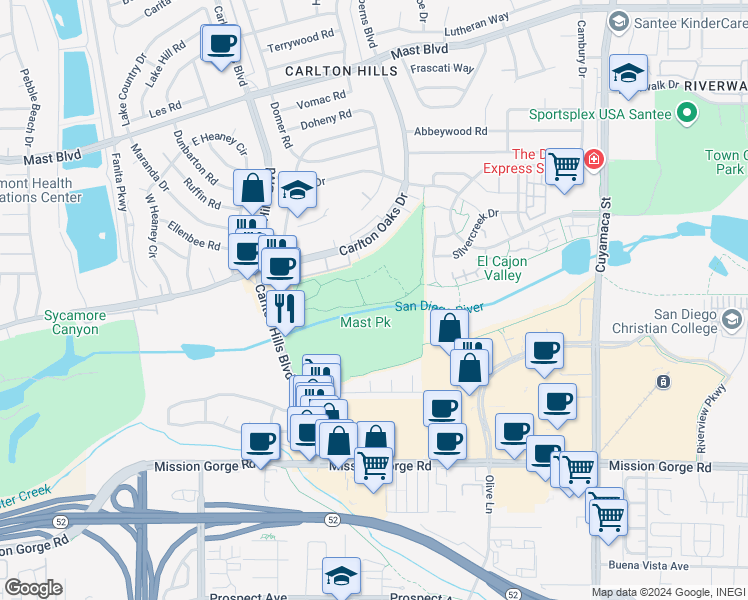 map of restaurants, bars, coffee shops, grocery stores, and more near 9125 Carlton Hills Boulevard in Santee