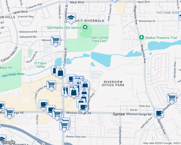 map of restaurants, bars, coffee shops, grocery stores, and more near 240 Riverview Pkwy in Santee