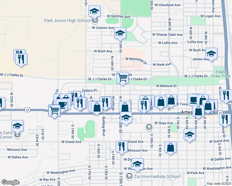 map of restaurants, bars, coffee shops, grocery stores, and more near 1307 West Chisum Avenue in Artesia