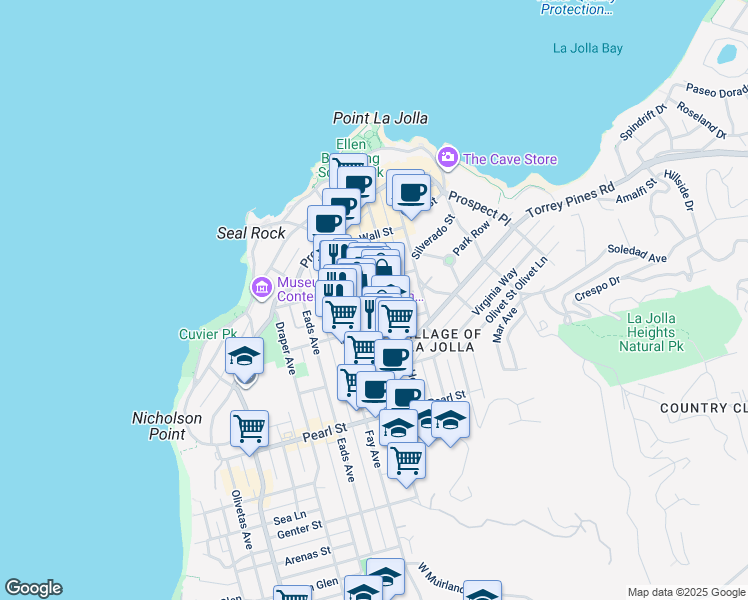map of restaurants, bars, coffee shops, grocery stores, and more near 7713 Girard Avenue in San Diego