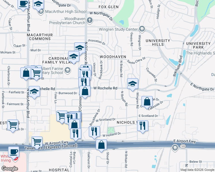 map of restaurants, bars, coffee shops, grocery stores, and more near 2725 Wallin Drive in Irving