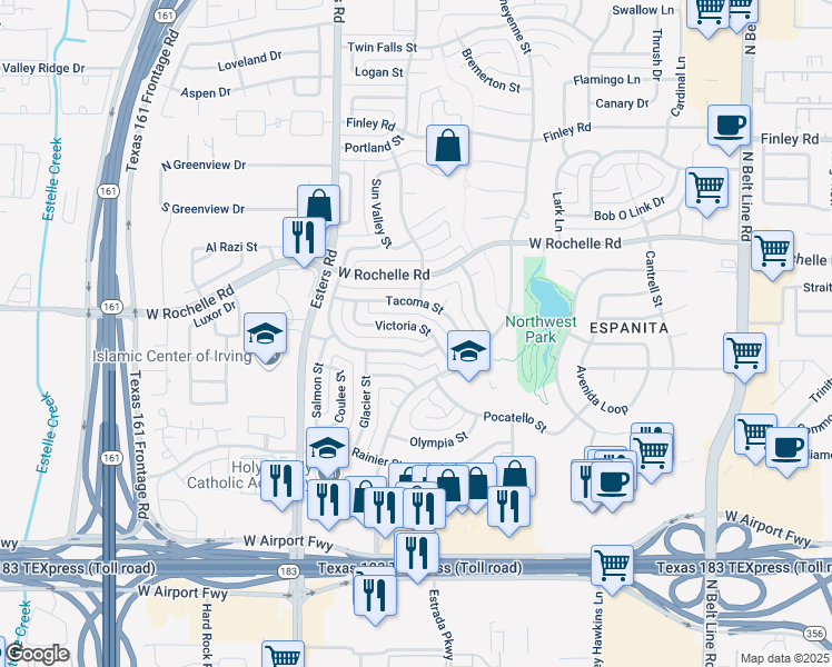 map of restaurants, bars, coffee shops, grocery stores, and more near 2613 Laramie Street in Irving