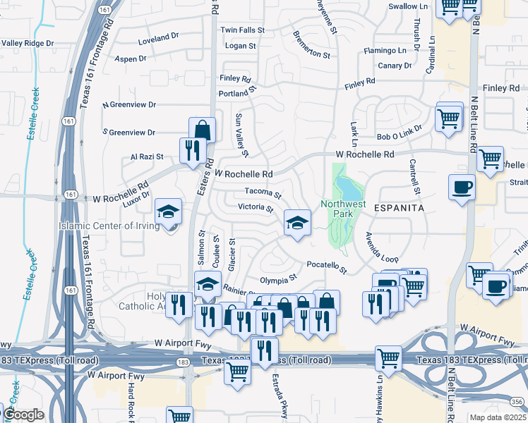 map of restaurants, bars, coffee shops, grocery stores, and more near 2613 Laramie Street in Irving