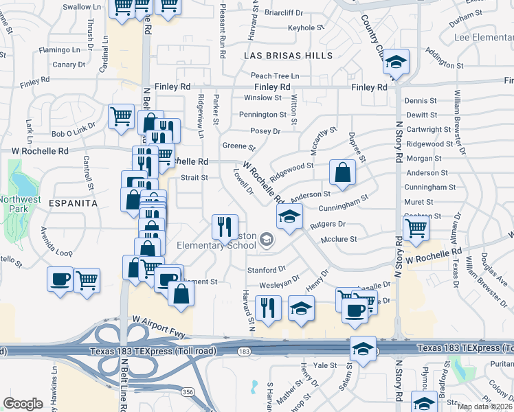map of restaurants, bars, coffee shops, grocery stores, and more near 2802 Harvard Street North in Irving