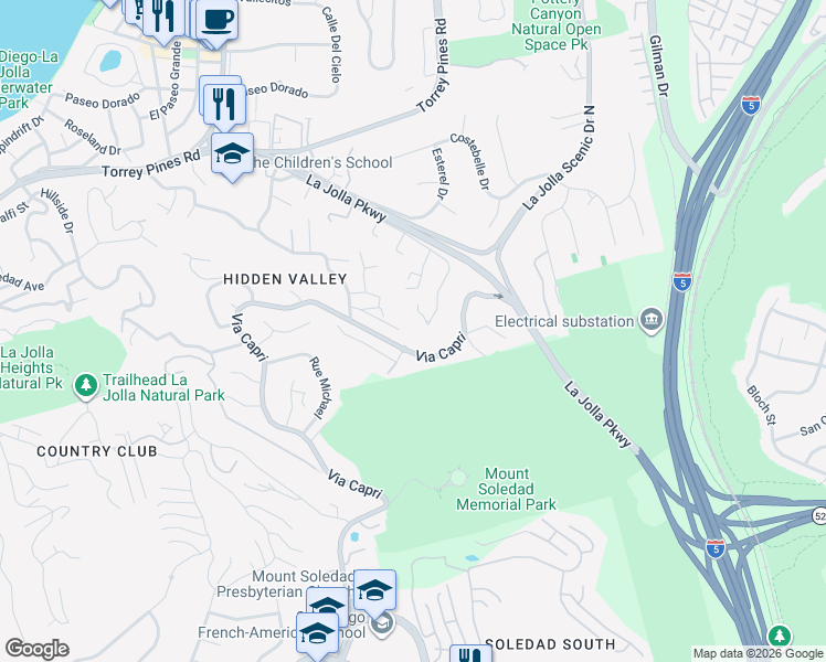 map of restaurants, bars, coffee shops, grocery stores, and more near 2820 Hidden Valley Road in San Diego