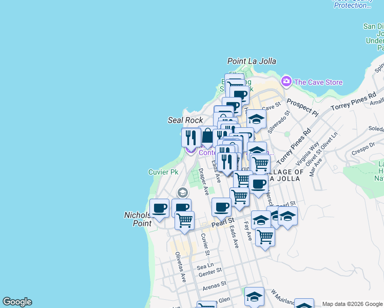 map of restaurants, bars, coffee shops, grocery stores, and more near 700 Prospect Street in La Jolla