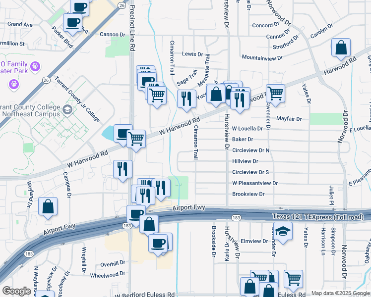 map of restaurants, bars, coffee shops, grocery stores, and more near 636 Hillview Drive in Hurst