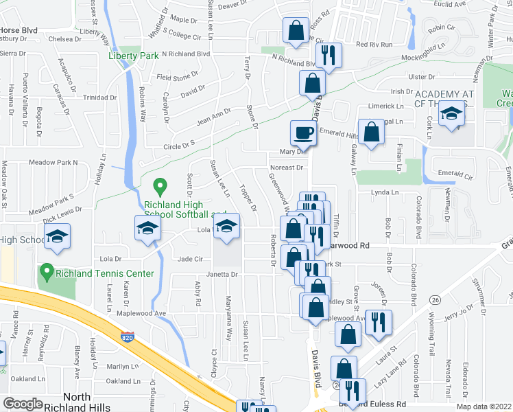 map of restaurants, bars, coffee shops, grocery stores, and more near 5320 Topper Drive in Fort Worth