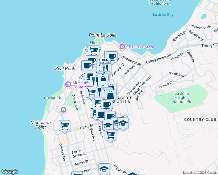 map of restaurants, bars, coffee shops, grocery stores, and more near 1111 Torrey Pines Road in San Diego