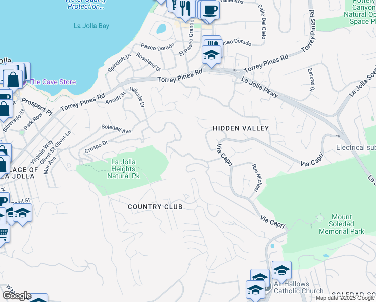 map of restaurants, bars, coffee shops, grocery stores, and more near 7455 Hillside Drive in San Diego