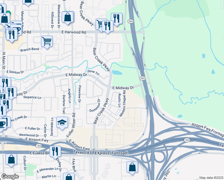 map of restaurants, bars, coffee shops, grocery stores, and more near 513 Rustic Lane in Euless